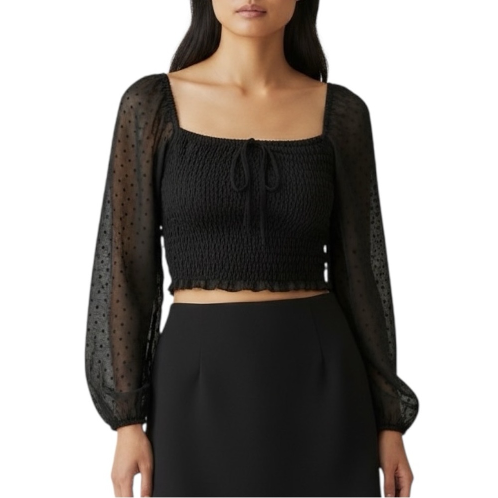 Black Smocked Cropped Top Sheer Swiss Dot Long Sleeve S Fairy Grunge Whimsigoth